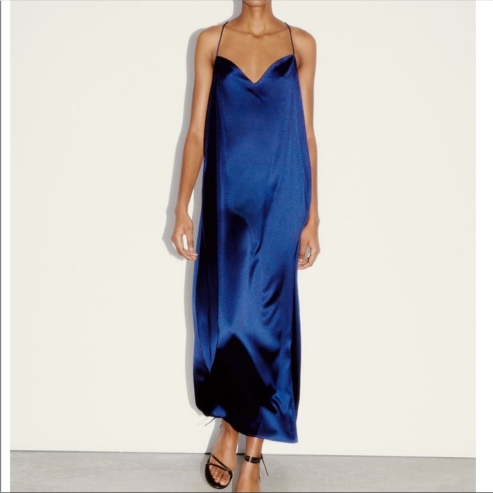 Zara satin blue jeweled long dress Sz S